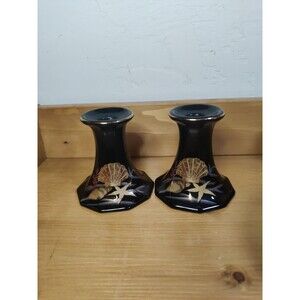 2 Otagiri Black Gold Metallic 4" Candle Holder Sea Shells Starfish Pattern Japan